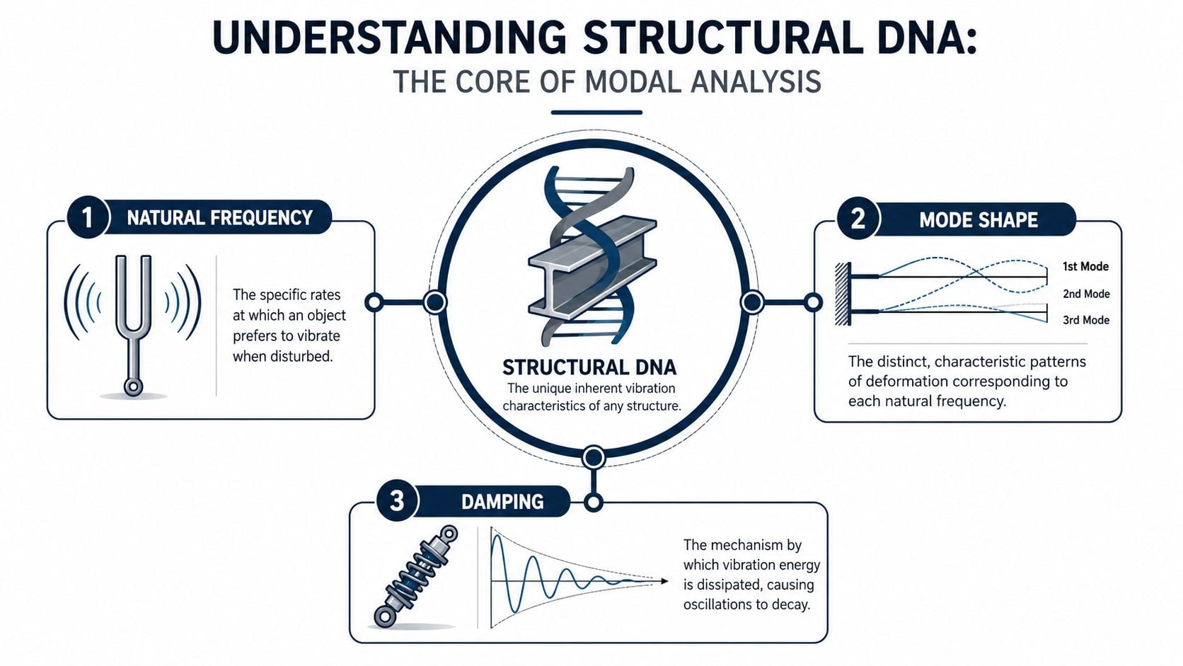An infographic explaining the three components of structural DNA in modal analysis: natural frequency, mode shape, and damping.