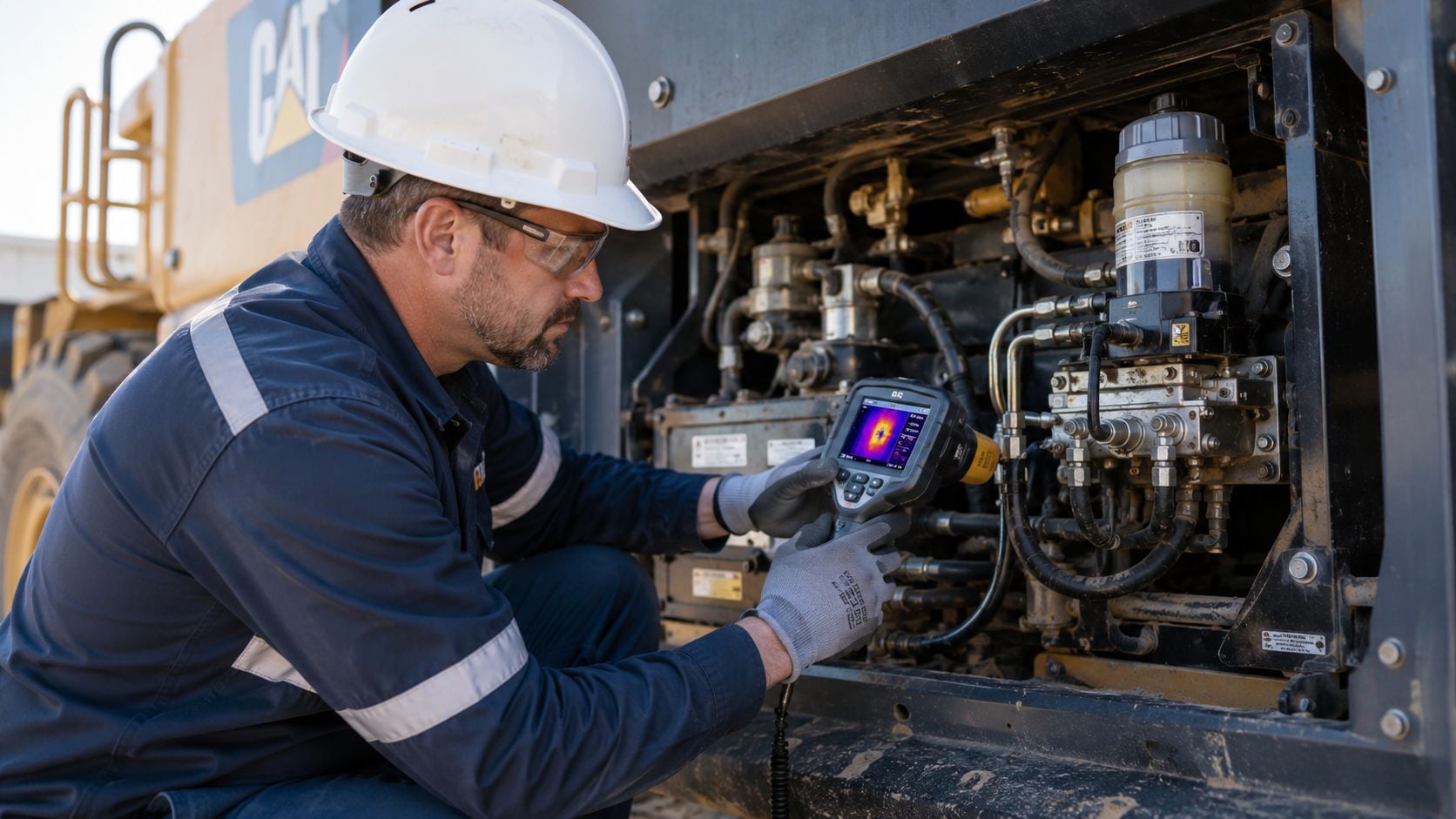 A technician using a thermal imaging camera to inspect the engine components of heavy construction machinery.
