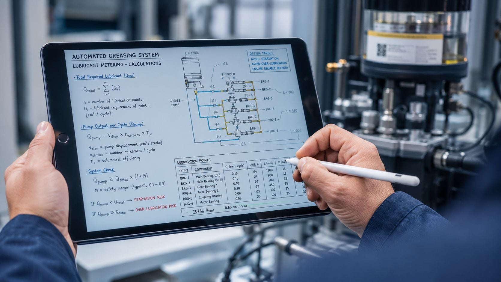 Engineer holding a tablet displaying technical lubrication calculations and system diagrams for an automated greasing system.