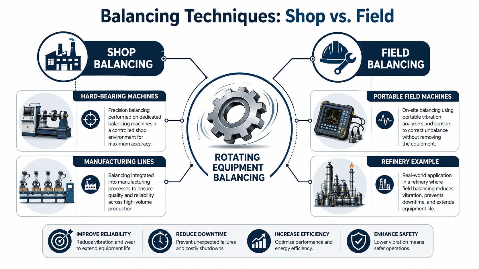 An infographic comparing shop balancing and field balancing techniques for maintaining rotating industrial equipment.