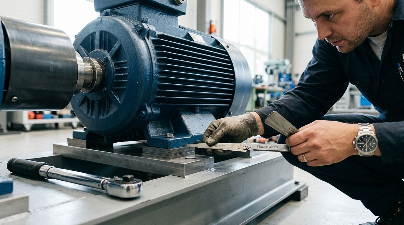 A technician using a feeler gauge to measure the gap under a blue electric motor baseplate.