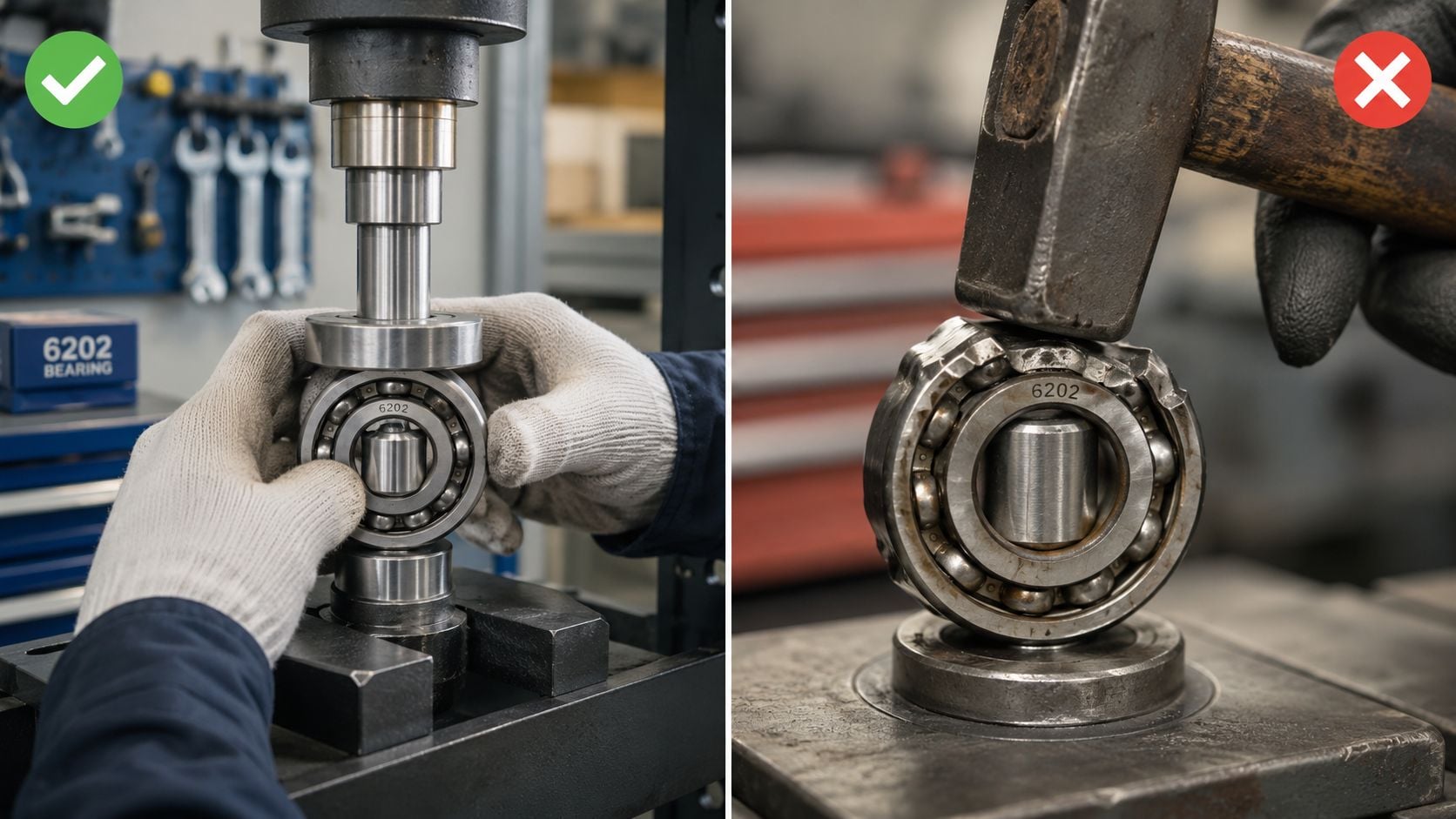A comparison showing the correct way to press a 6202 bearing versus the incorrect way using a hammer.