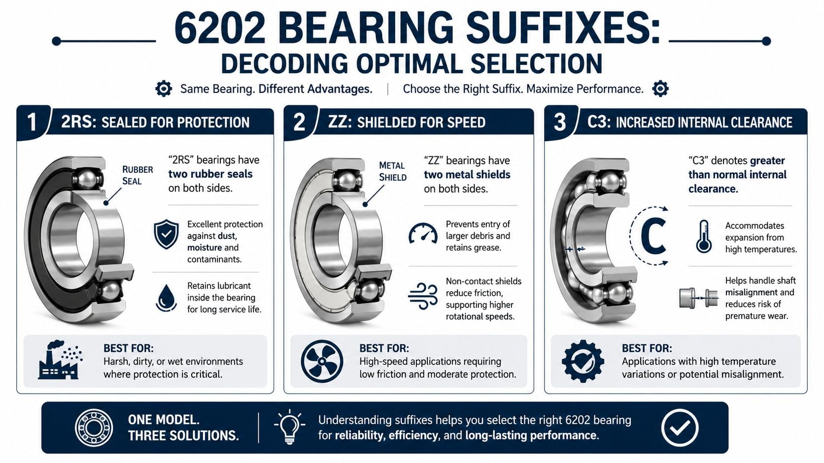 A diagram comparing 6202 bearing suffixes including 2RS for seals, ZZ for shields, and C3 for internal clearance.