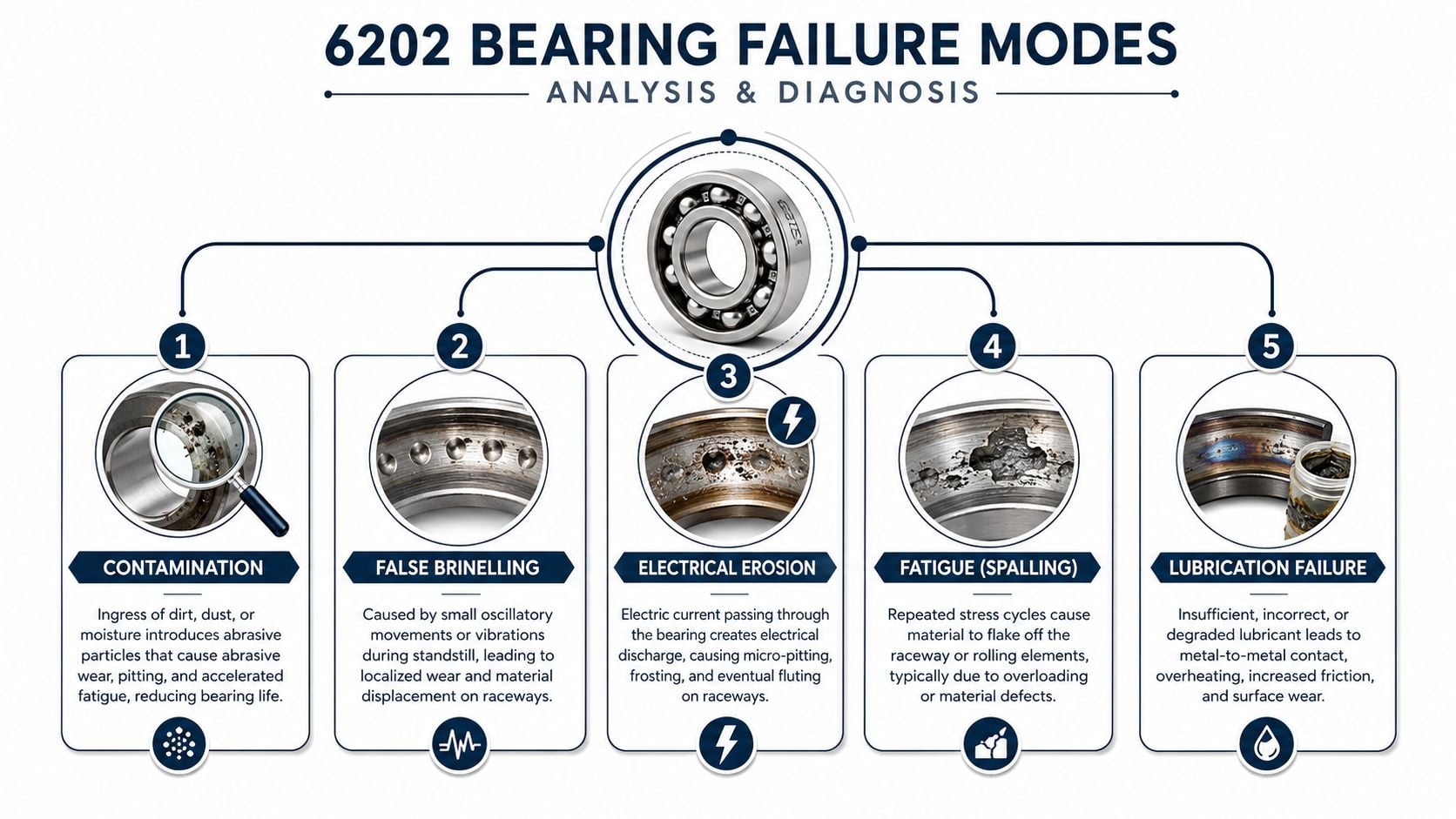 An infographic detailing five common bearing failure modes including contamination, false brinelling, electrical erosion, fatigue, and lubrication.