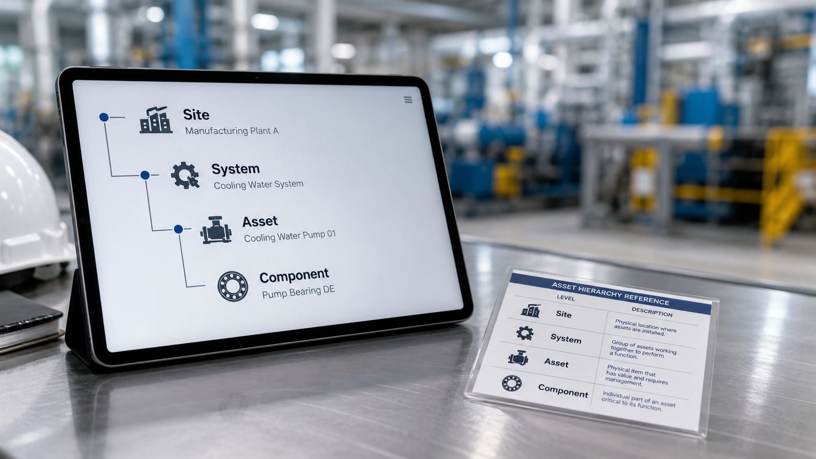 A digital tablet displaying an industrial asset hierarchy diagram next to a descriptive reference guide on a table.