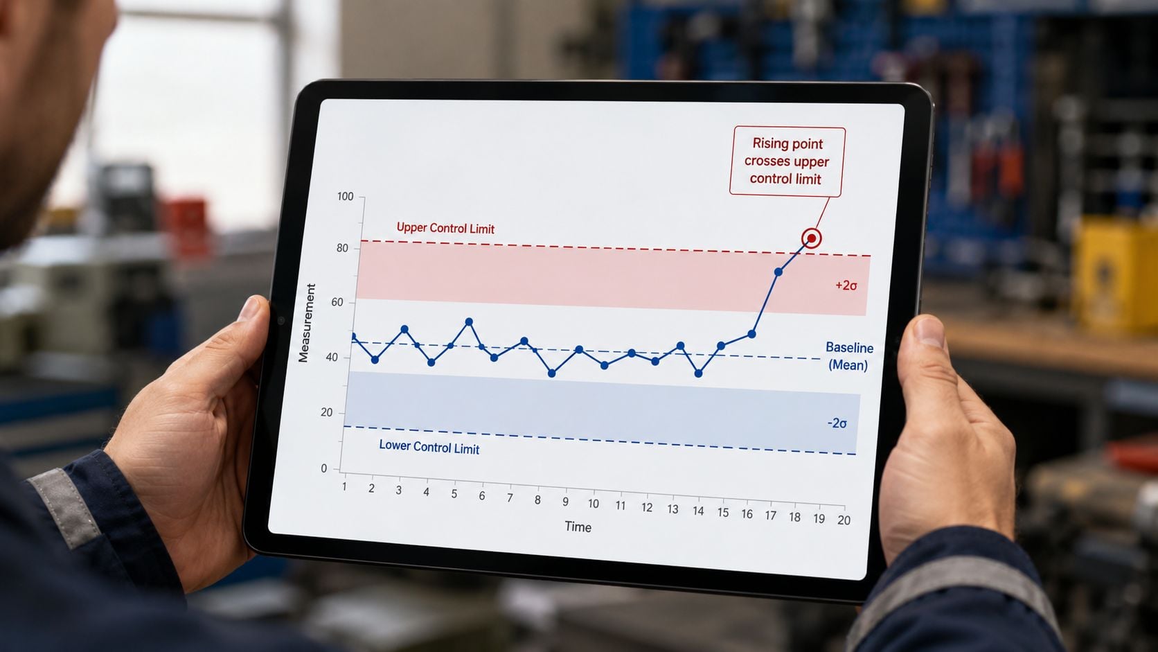A professional analyzing a statistical process control chart on a tablet, showing data exceeding control limits.