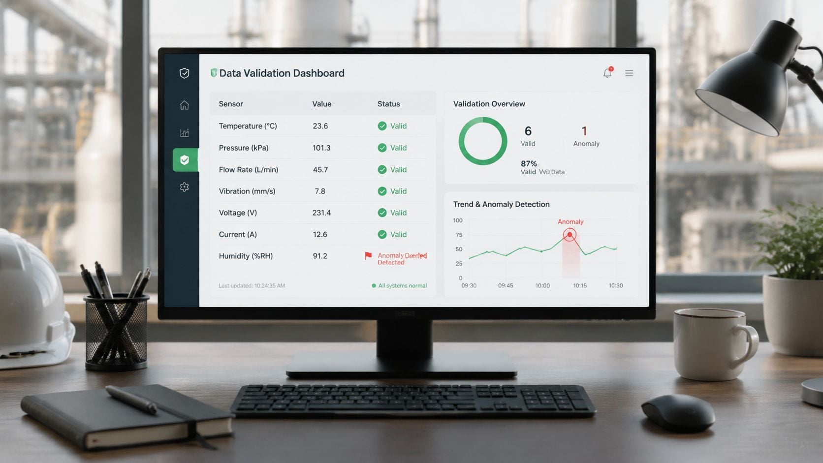 A computer monitor showing a data validation dashboard with sensor readings and an anomaly detection chart.