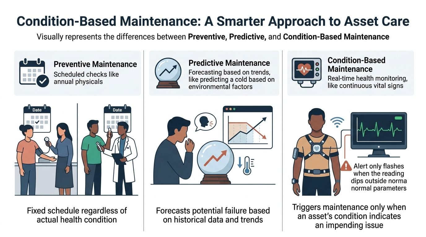 An infographic comparing Preventive, Predictive, and Condition-Based Maintenance strategies using medical and data monitoring analogies.