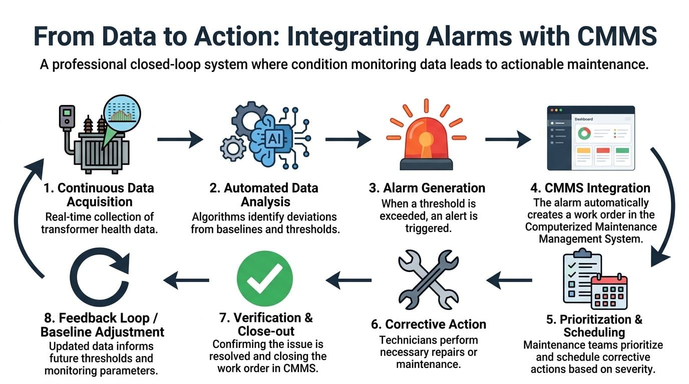 A diagram illustrating the eight steps of integrating transformer condition monitoring data with a maintenance system.