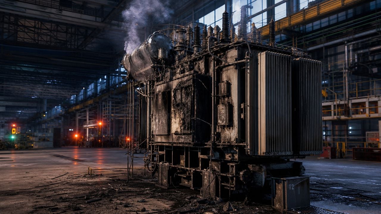A large, damaged industrial power transformer sits in the center of a dimly lit, vast factory floor.