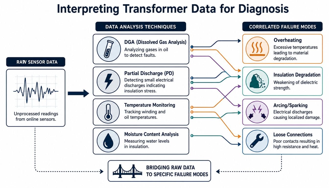 A diagram illustrating how transformer sensor data is analyzed to diagnose various equipment failure modes and conditions.