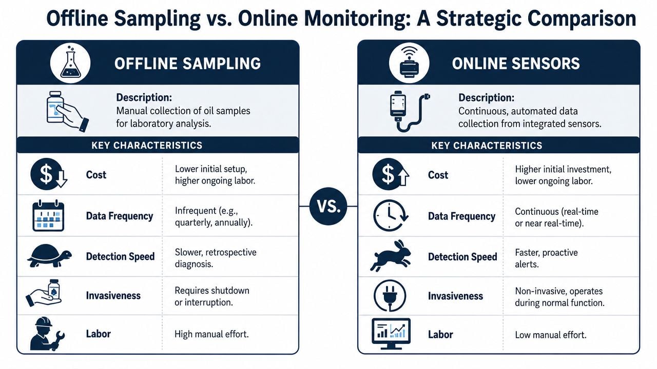 A comparison chart showing differences between offline oil sampling and online sensor monitoring for maintenance.