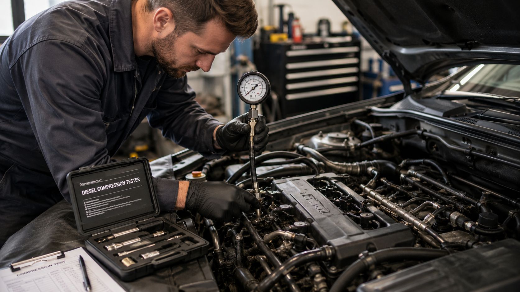 A professional mechanic in black gloves performing a diesel compression test on a car engine in a garage.