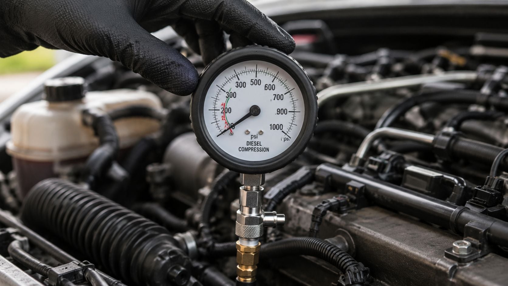 A gloved hand holds a diesel compression gauge showing current pressure levels on an engine block.