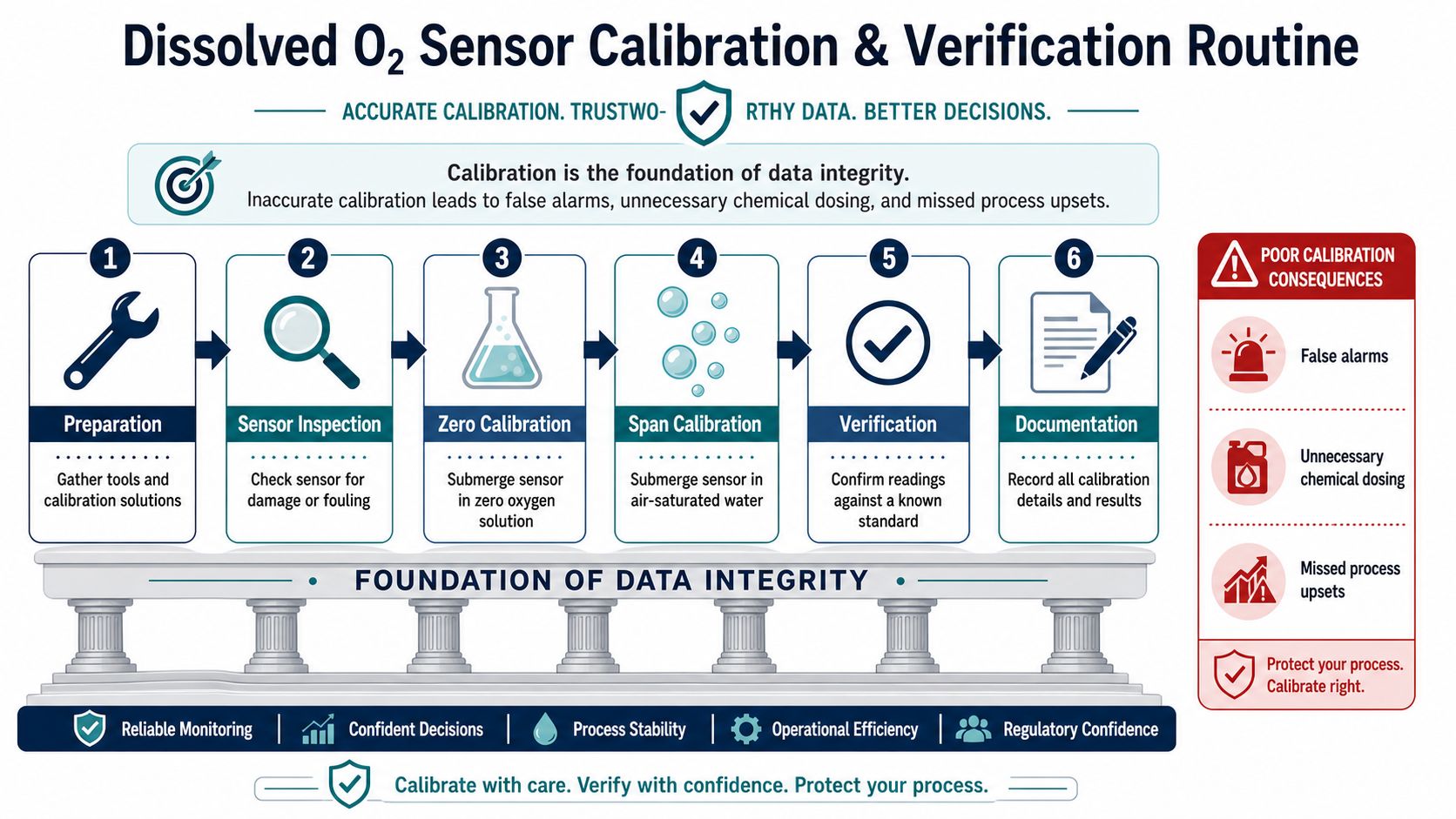 A flow chart illustrating the six-step routine for calibrating and verifying a dissolved oxygen sensor.