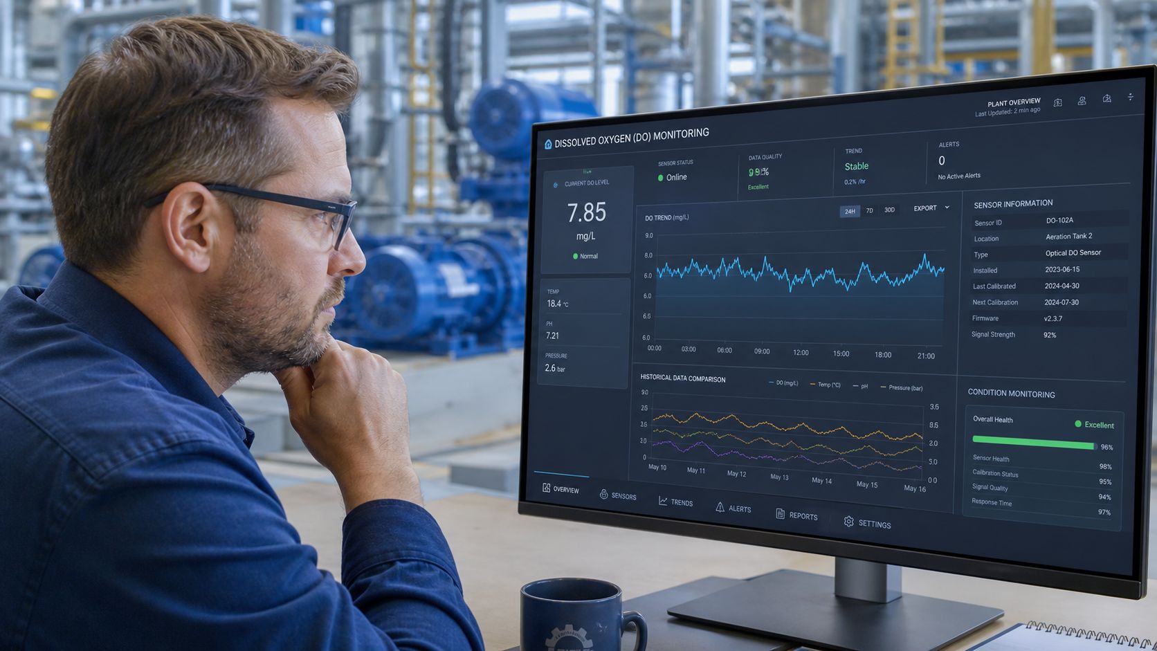 A technician monitoring dissolved oxygen sensor data on a computer screen in an industrial factory setting.