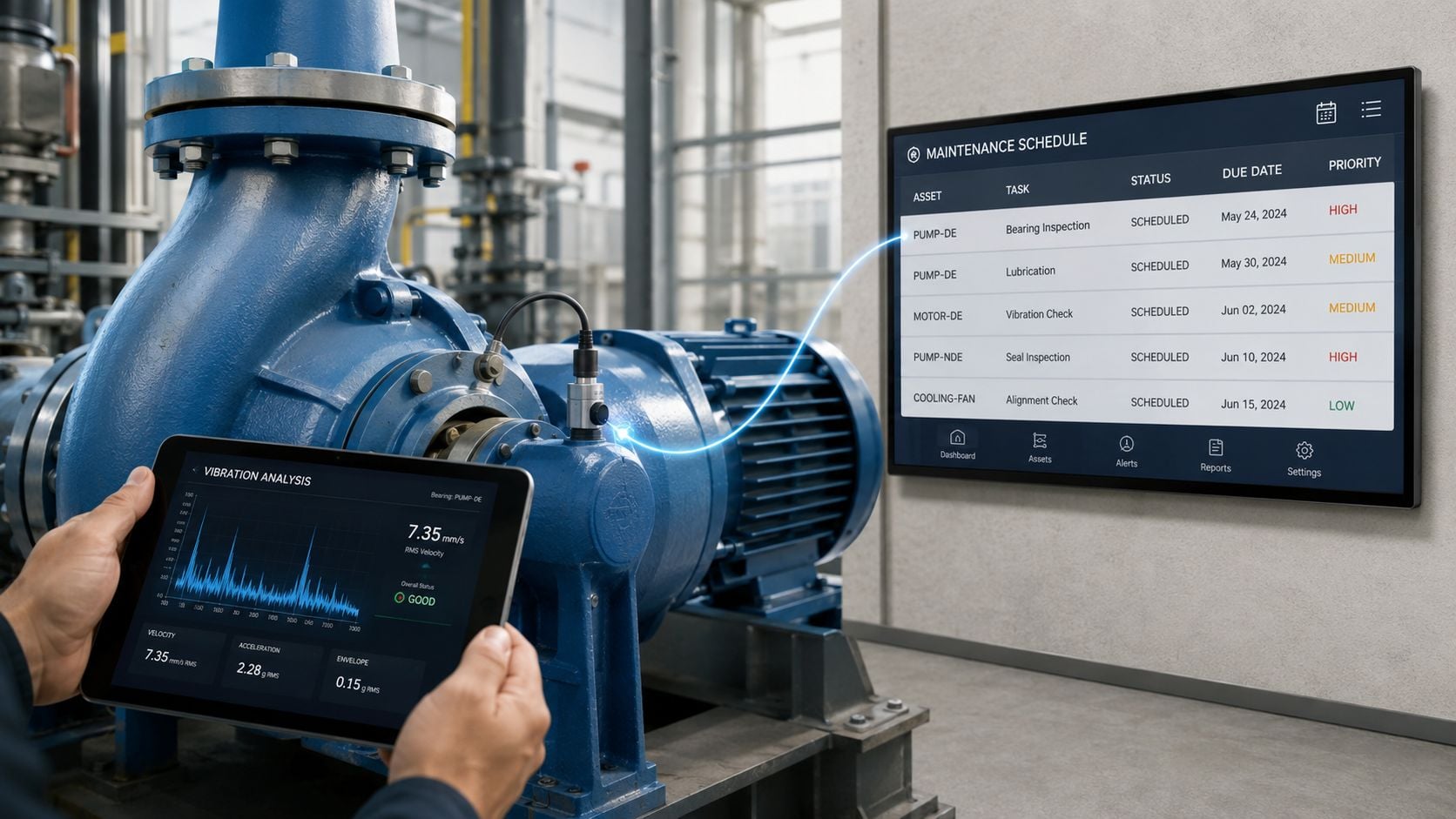 A technician uses a tablet for predictive maintenance and vibration analysis on industrial pumping equipment.