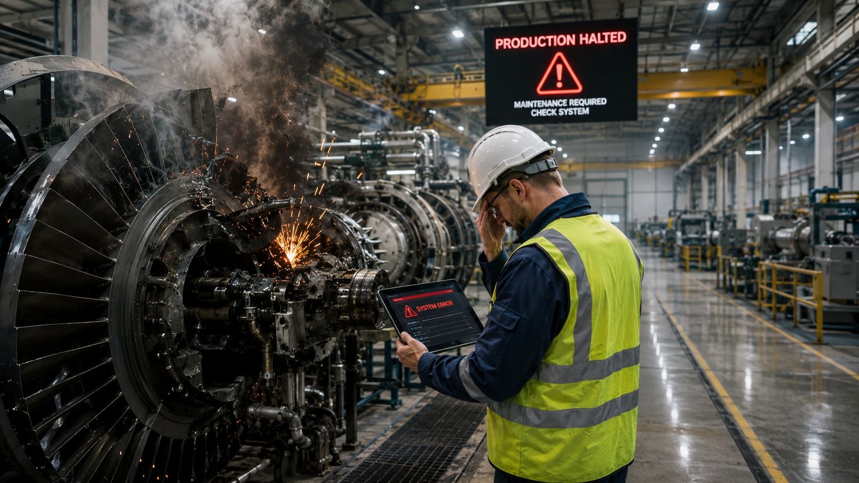 An industrial worker in a hard hat looks stressed while holding a tablet showing a system error.