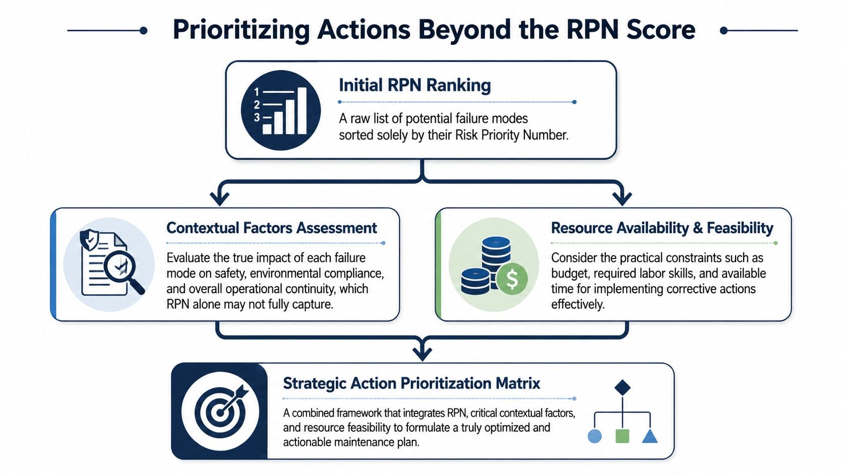 A flowchart explaining how to prioritize maintenance actions beyond just using an RPN score for risk assessment.