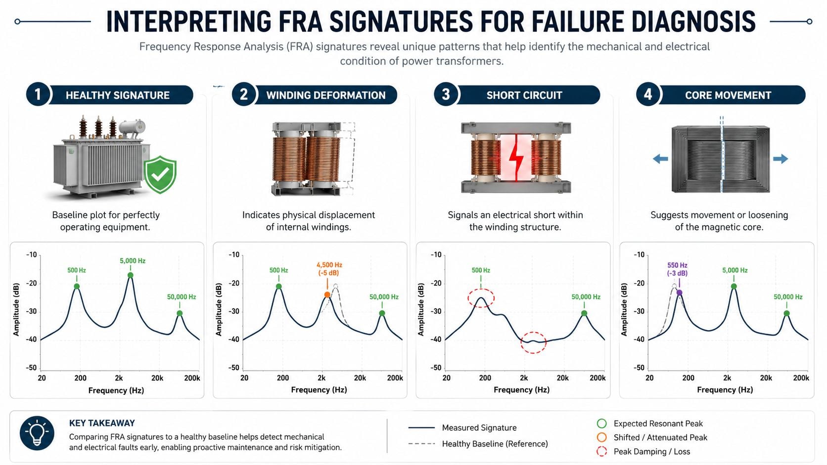 An infographic showing four frequency response analysis signatures for power transformers to diagnose mechanical and electrical faults.
