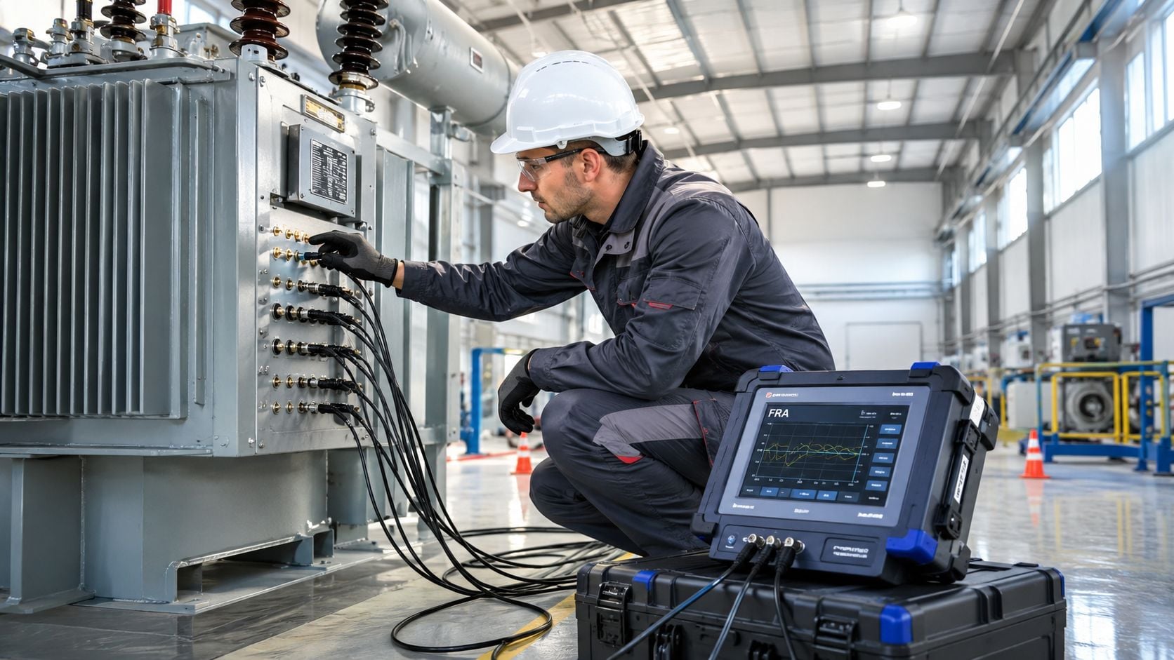 An electrical technician wearing safety gear performs a frequency response analysis on a large power transformer.