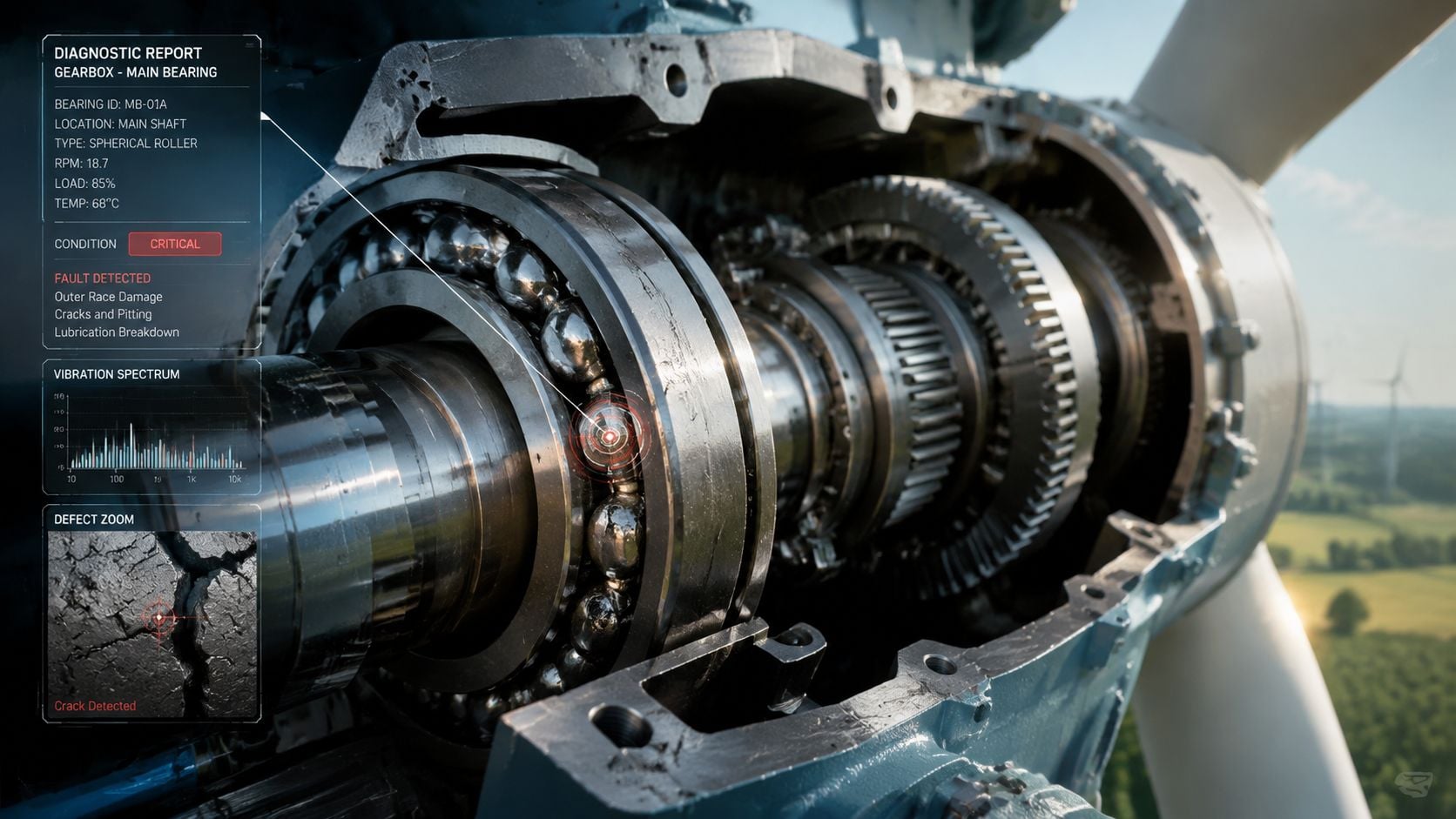 A close-up view of a wind turbine gearbox diagnostic report showing a critical main bearing failure.