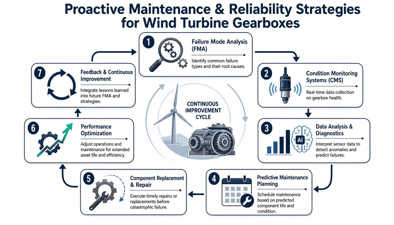 A circular diagram illustrating a continuous improvement cycle for proactive maintenance and reliability strategies for wind turbine gearboxes.