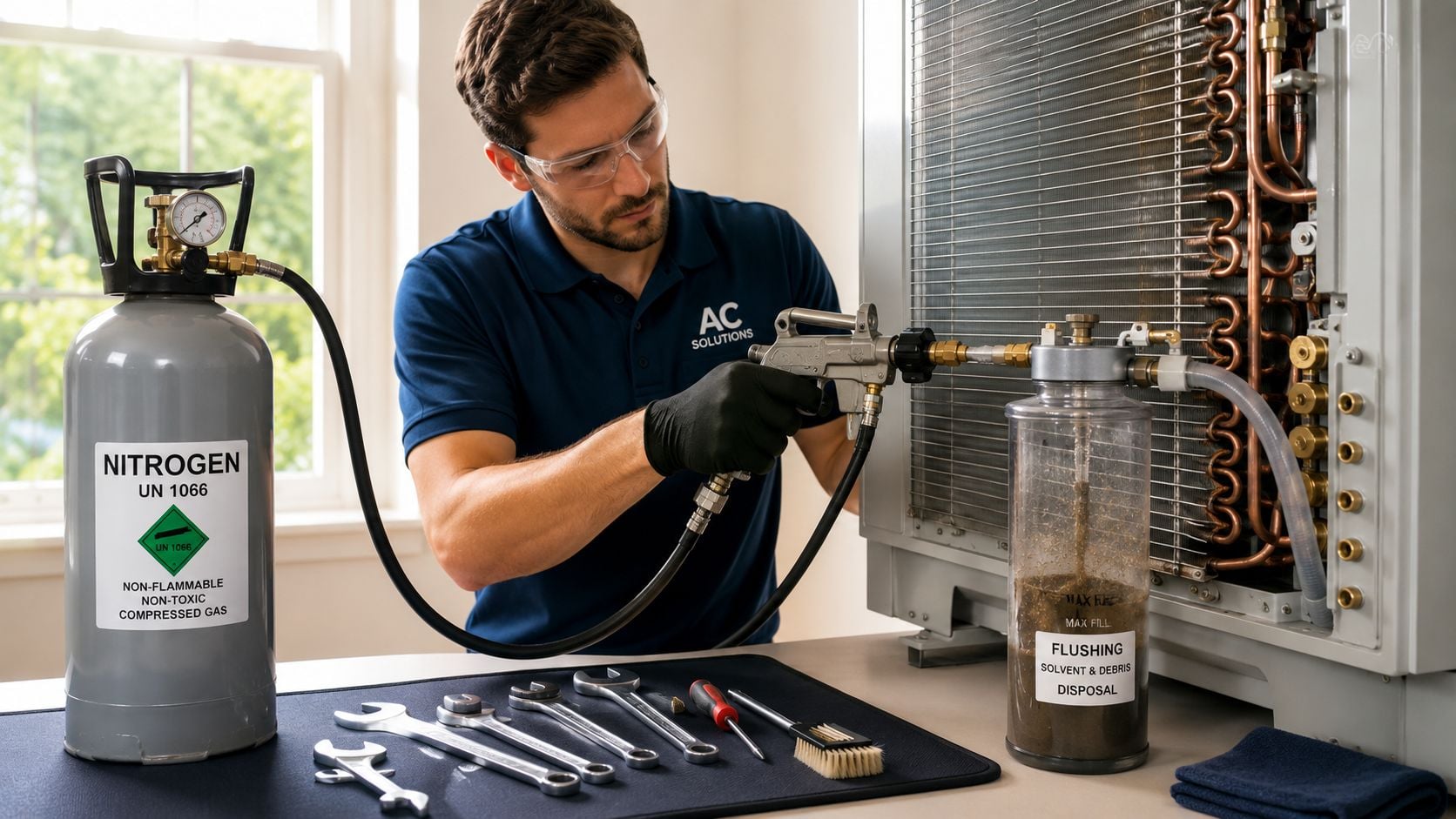 A professional technician wearing safety glasses uses a nitrogen tank to flush an air conditioning condenser unit.