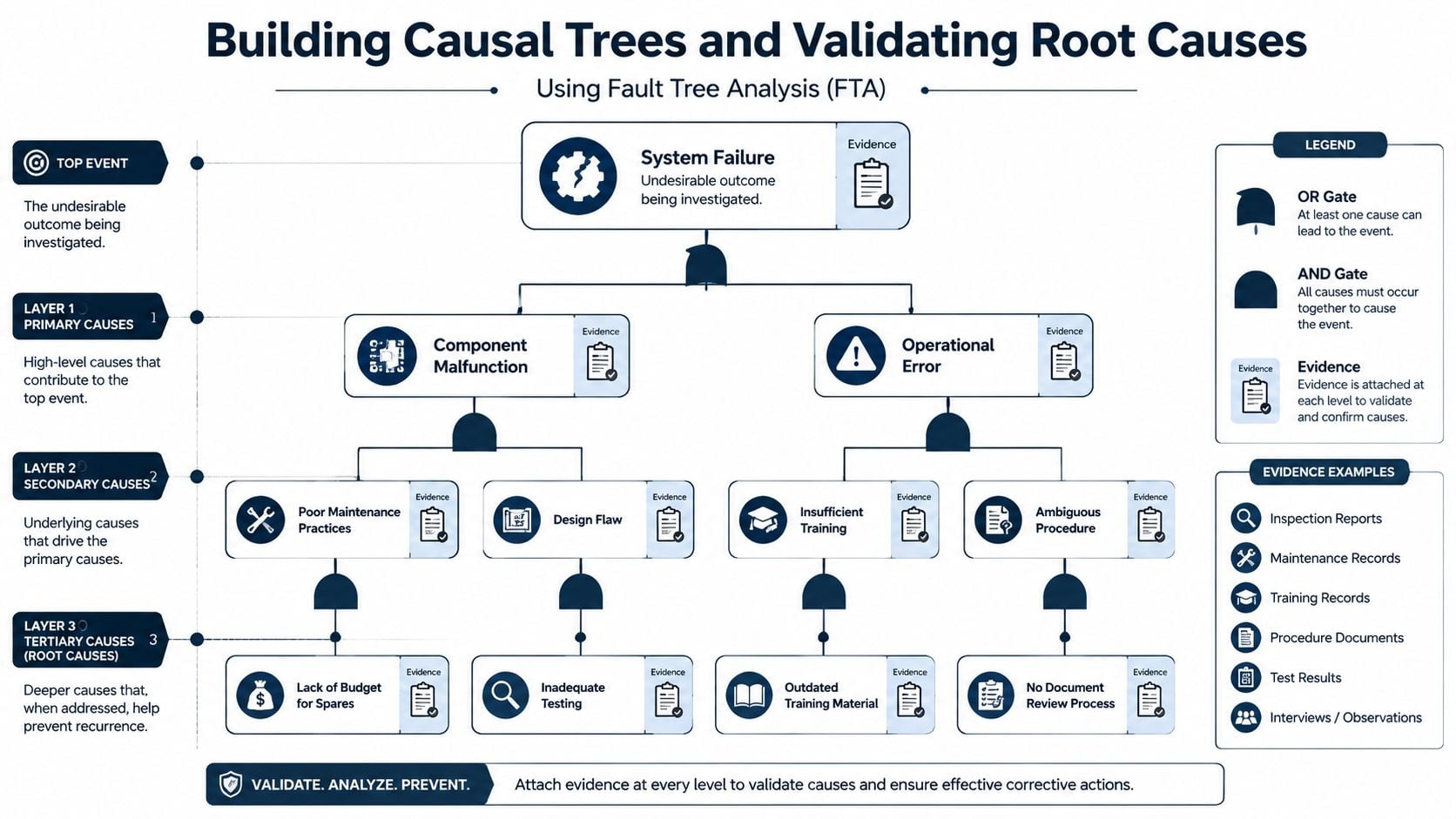 A diagram illustrating the process of building causal trees and performing root cause analysis using Fault Tree Analysis.