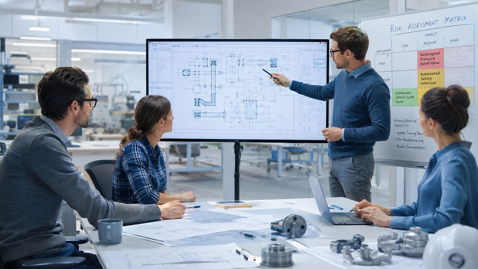A professional engineering team conducts a collaborative root cause analysis meeting in a modern office workspace.