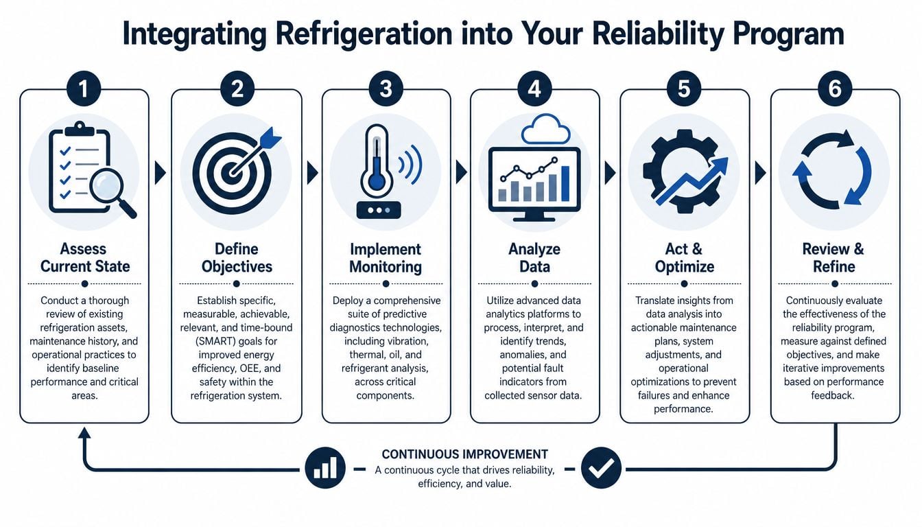 A six-step infographic illustrating a continuous improvement cycle for integrating refrigeration systems into a corporate reliability program.