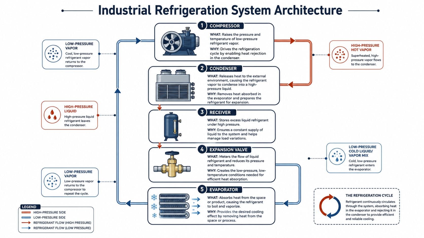 A diagram illustrating the industrial refrigeration system architecture, showing the cycle of components and refrigerant states.