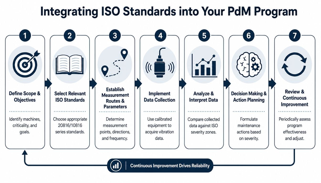 A seven-step flowchart illustrating how to integrate ISO vibration standards into a predictive maintenance program.