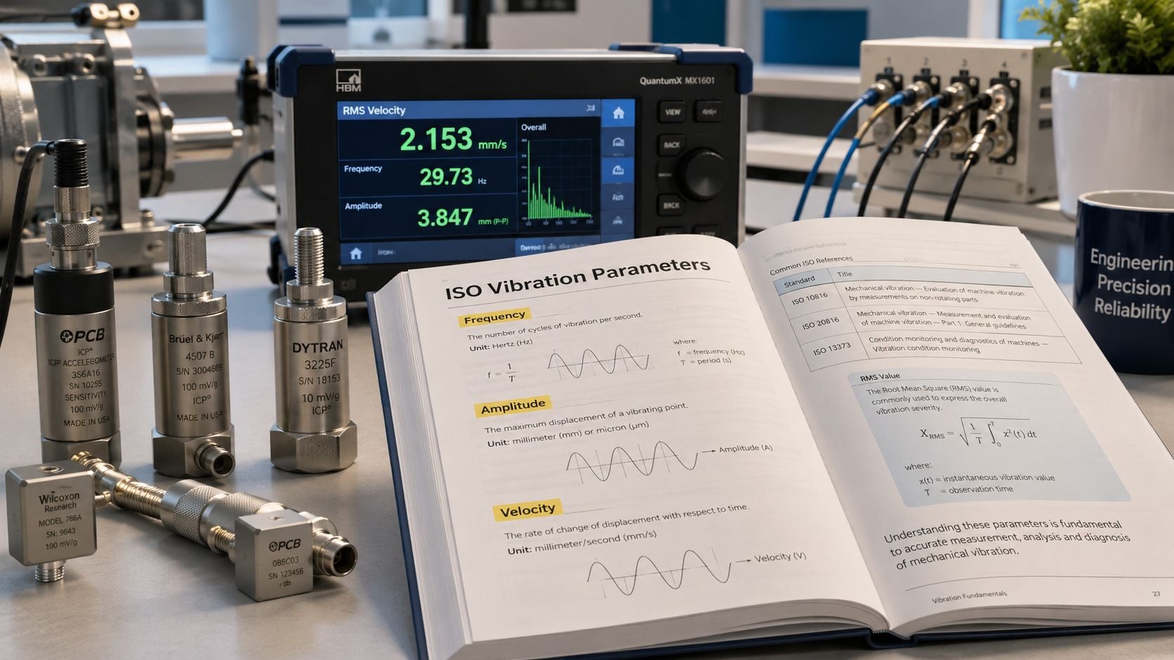 A professional desk setup featuring vibration sensors, a data acquisition device, and a manual about ISO vibration standards.