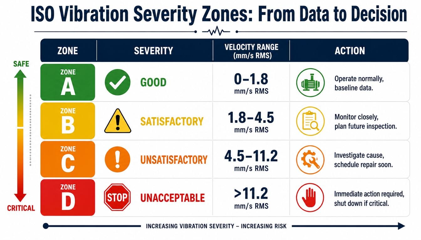 A chart detailing ISO vibration severity zones, classifying machinery status from good to unacceptable based on RMS velocity.