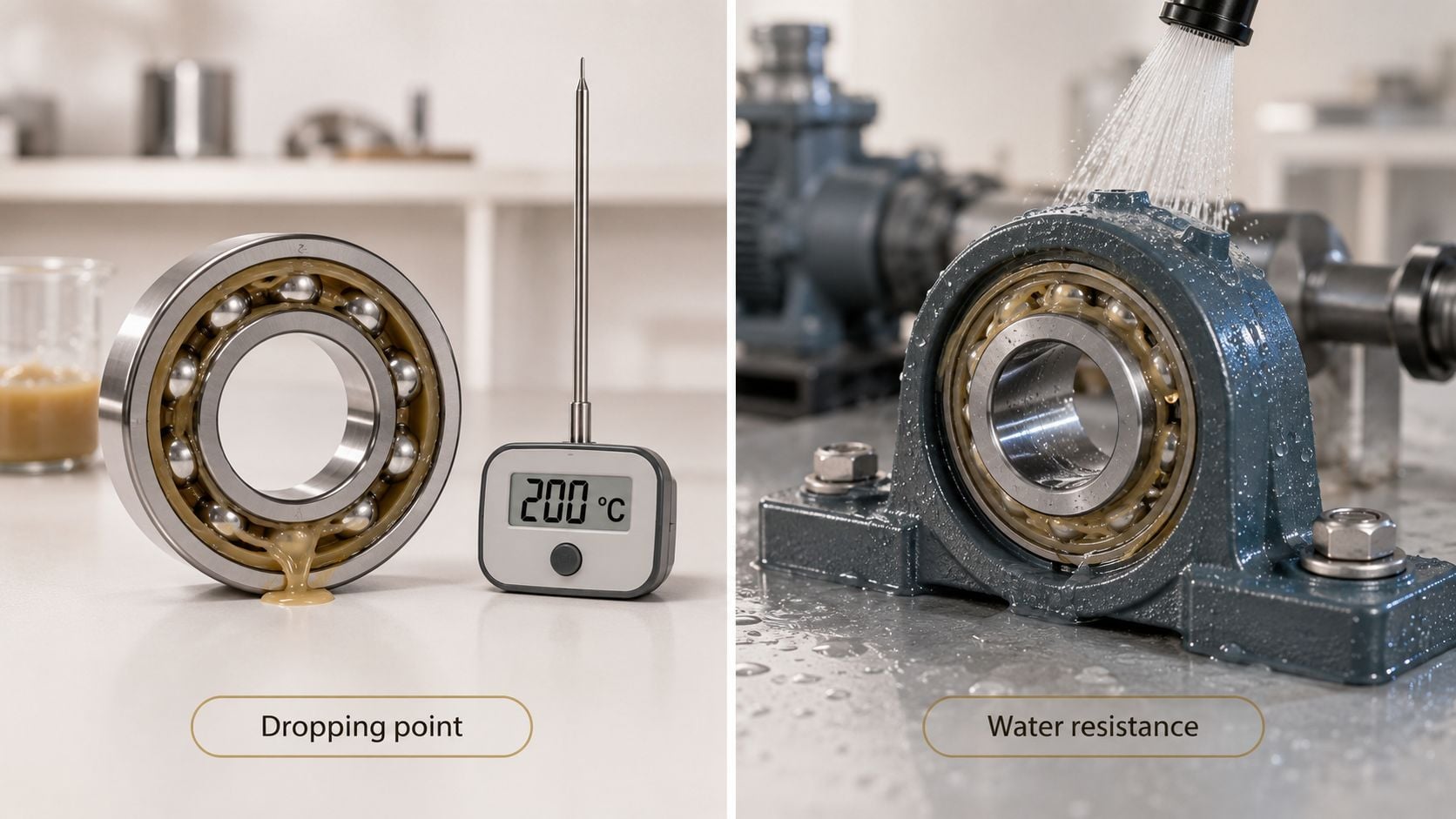 A split image showing a bearing testing dropping point at 200 degrees Celsius and water resistance testing.