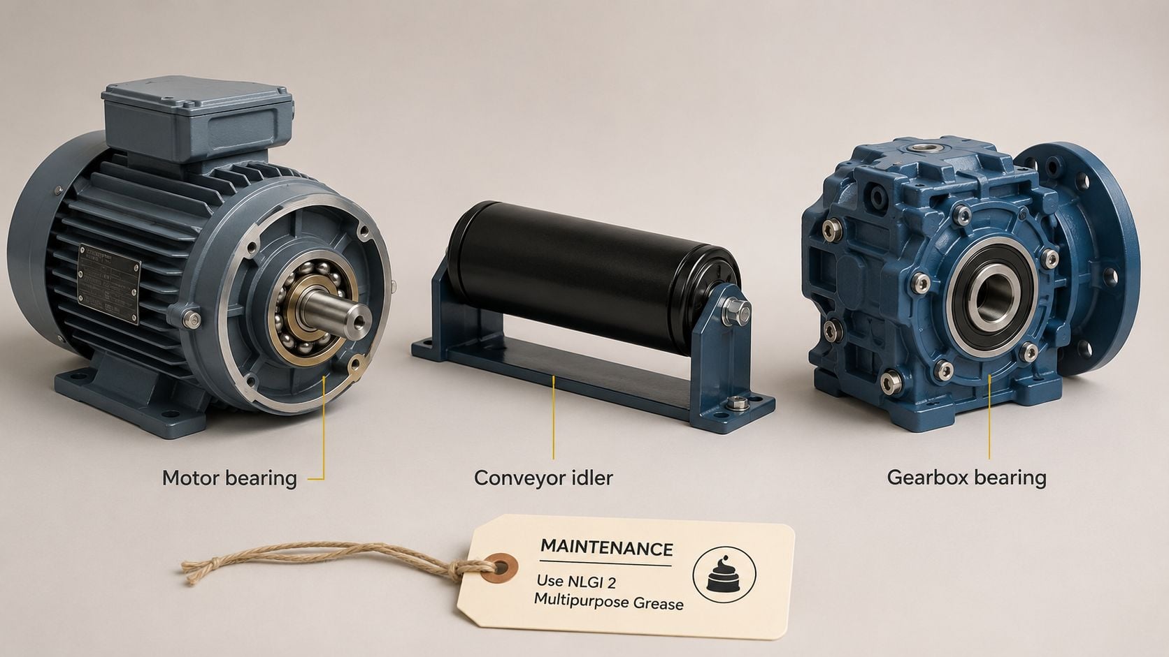 Mechanical components including an electric motor, conveyor idler, and gearbox labeled with maintenance instructions for grease.