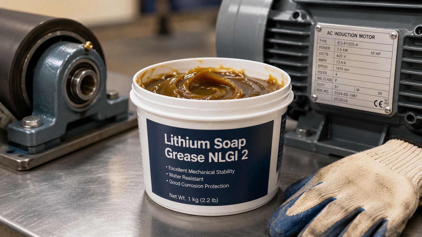 A container of Lithium Soap Grease NLGI 2 sits on a metal table next to an industrial motor.