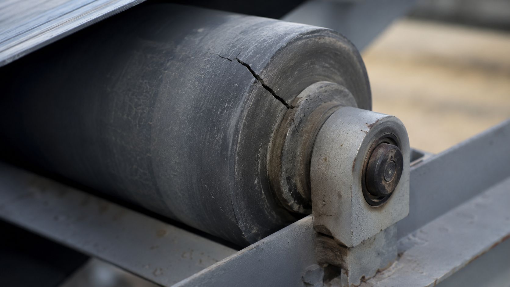 A close-up view of a damaged, cracked conveyor belt roller assembly on an industrial material handling system.
