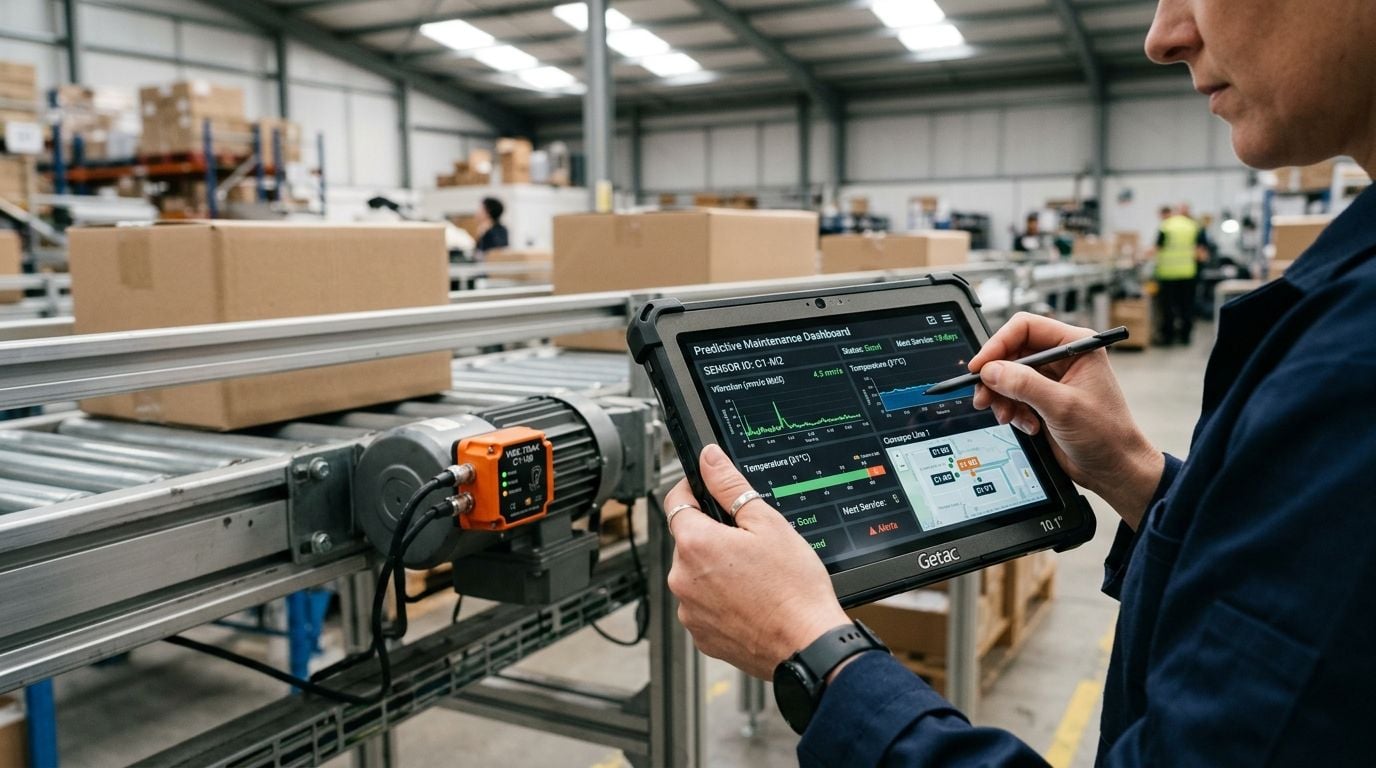 An industrial worker uses a rugged tablet to check predictive maintenance data for conveyor belt machinery.