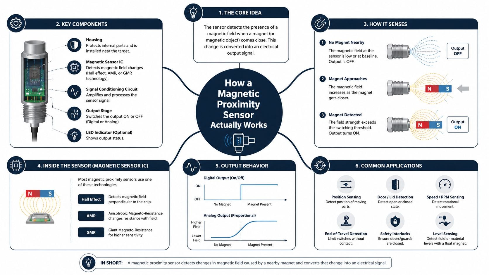 An infographic diagram explaining how magnetic proximity sensors operate, including their components, working principle, and applications.