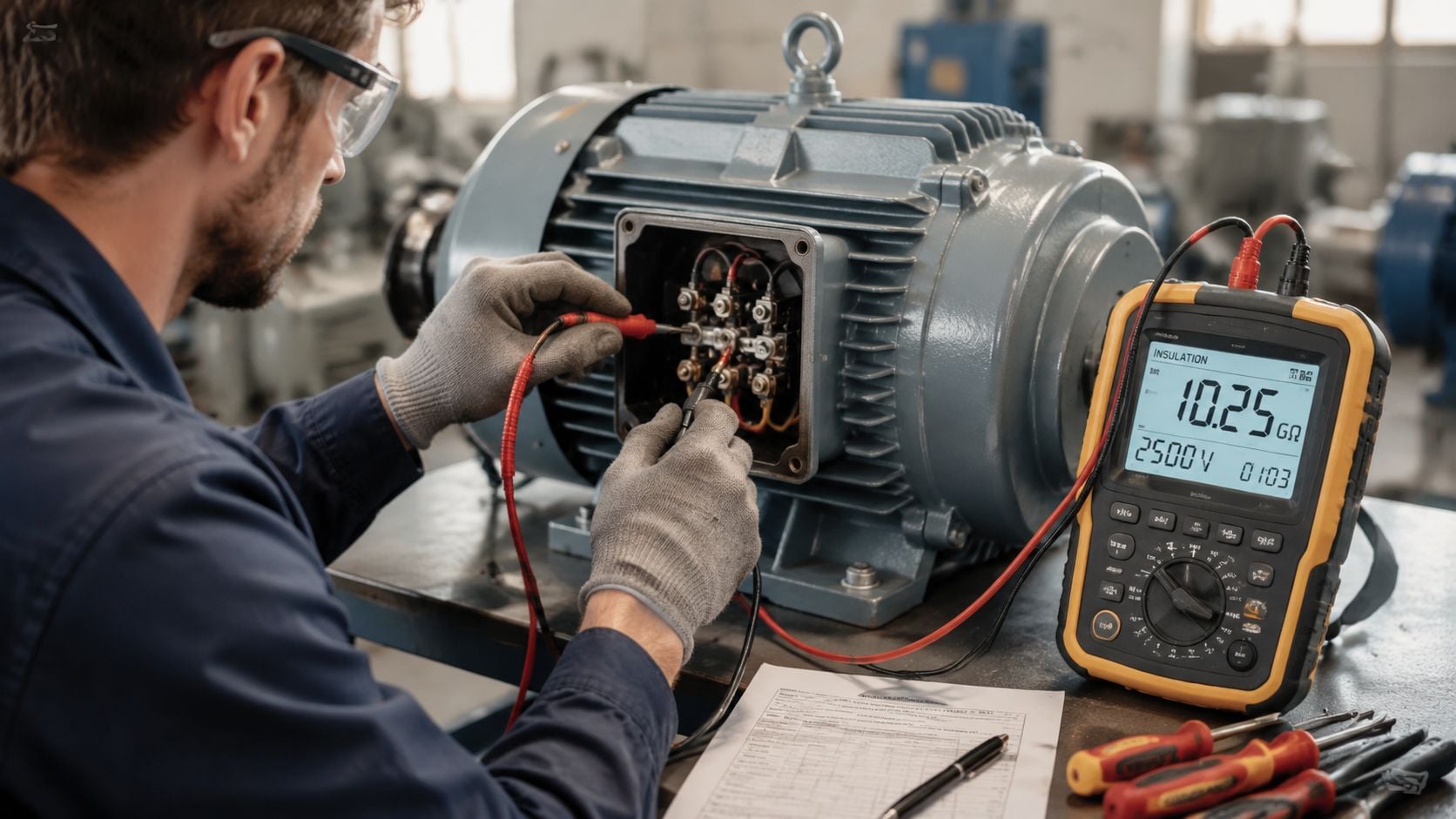 A technician testing the insulation resistance of an industrial electric motor with a digital multimeter.