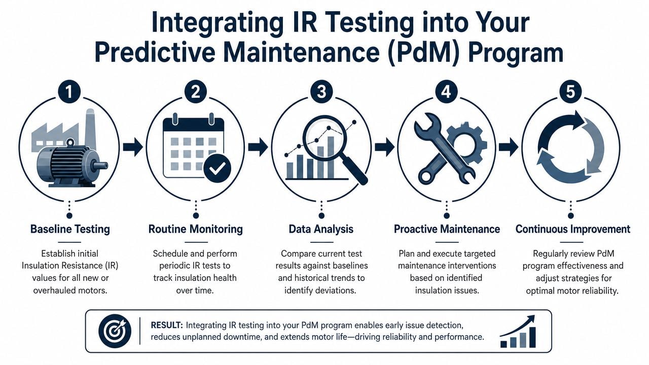 A five-step infographic showing the process of integrating insulation resistance testing into a predictive maintenance program.