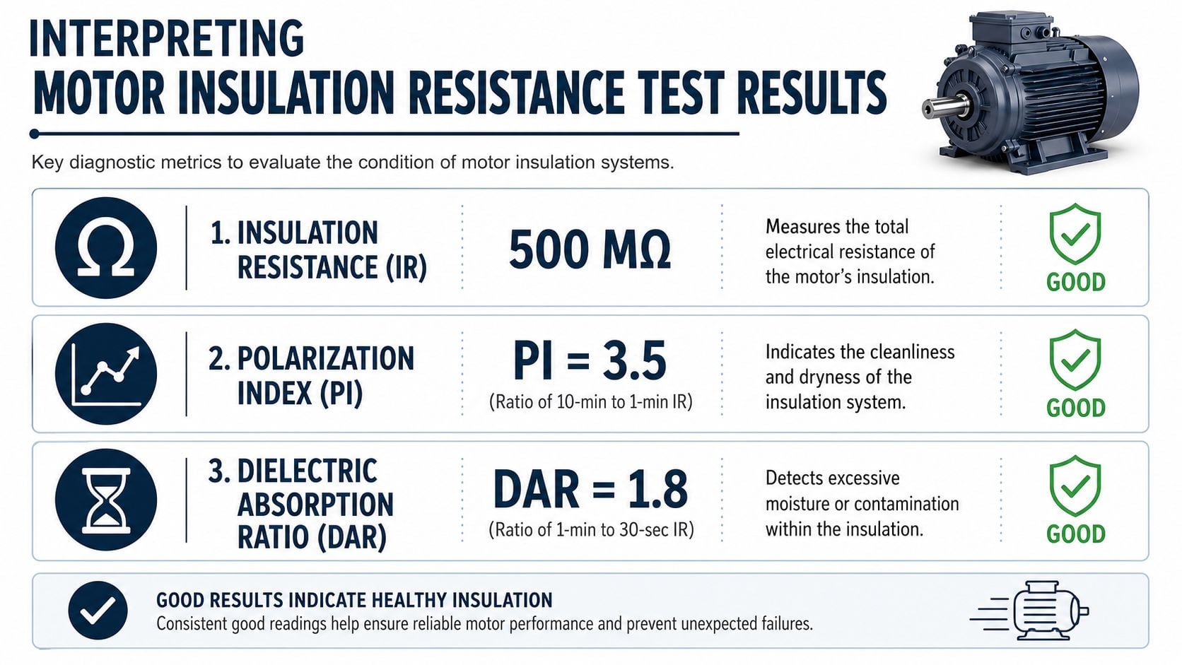 An infographic titled Interpreting Motor Insulation Resistance Test Results showing metrics for IR, PI, and DAR values.
