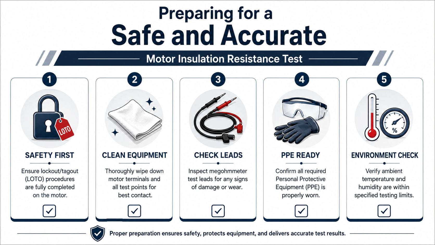 A step-by-step safety infographic guide for preparing motor insulation resistance testing using five essential inspection steps.