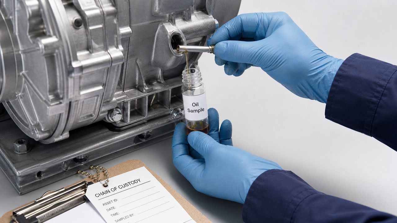 A technician wearing blue gloves collects an oil sample from industrial machinery into a labeled glass vial.