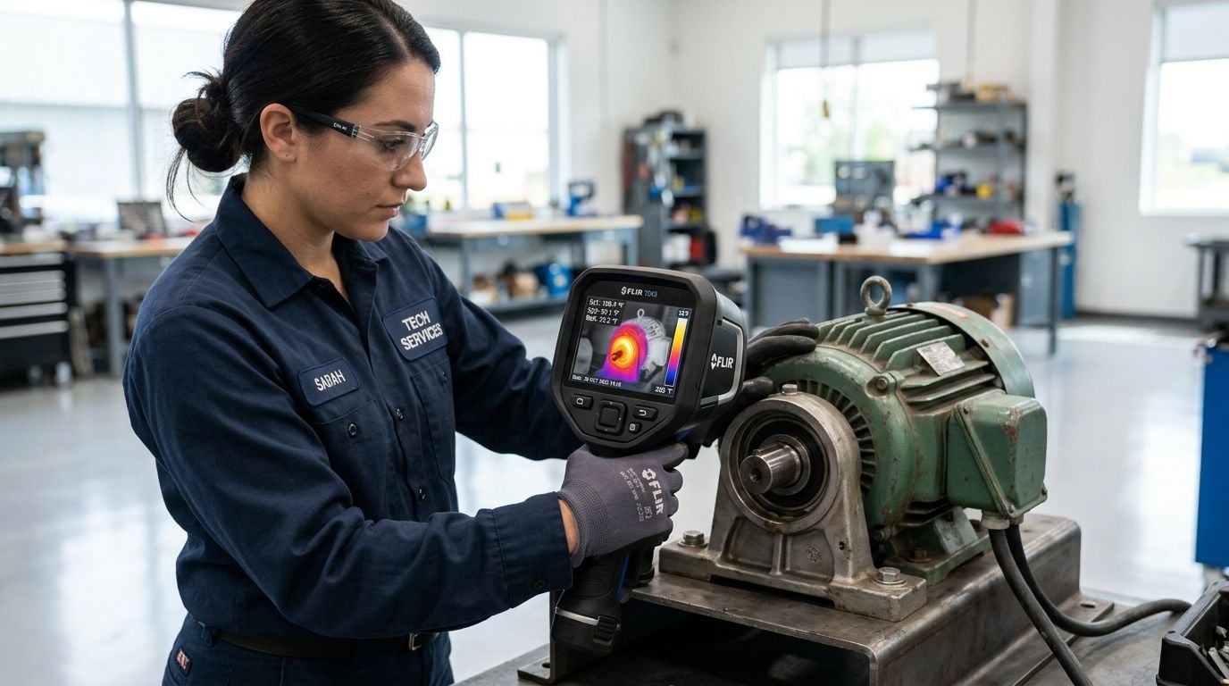A technician performing a thermal inspection on an industrial motor using a FLIR handheld infrared camera.