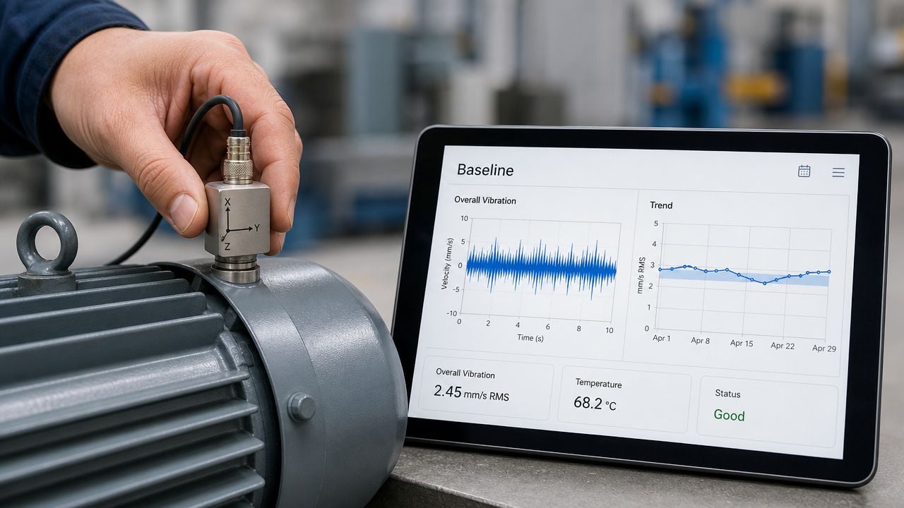 A technician holds a vibration sensor on an electric motor while monitoring diagnostic data on a tablet screen.