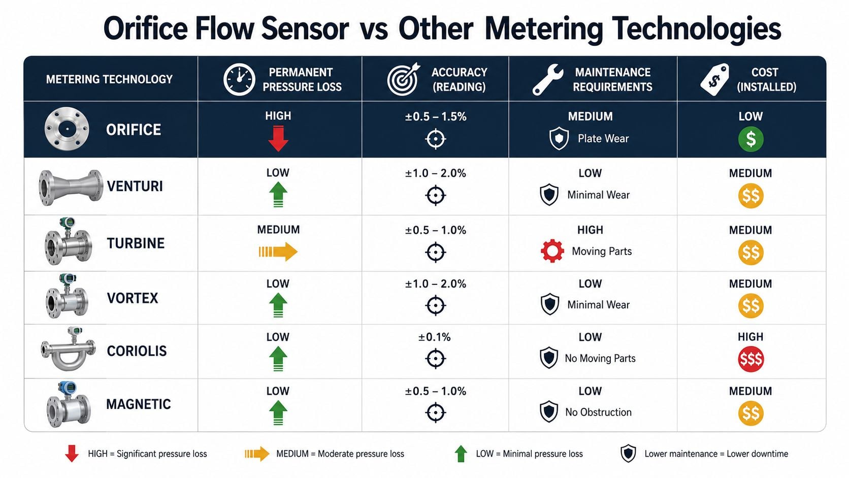 A comparison table detailing the performance, maintenance, and cost characteristics of various industrial flow metering technologies.