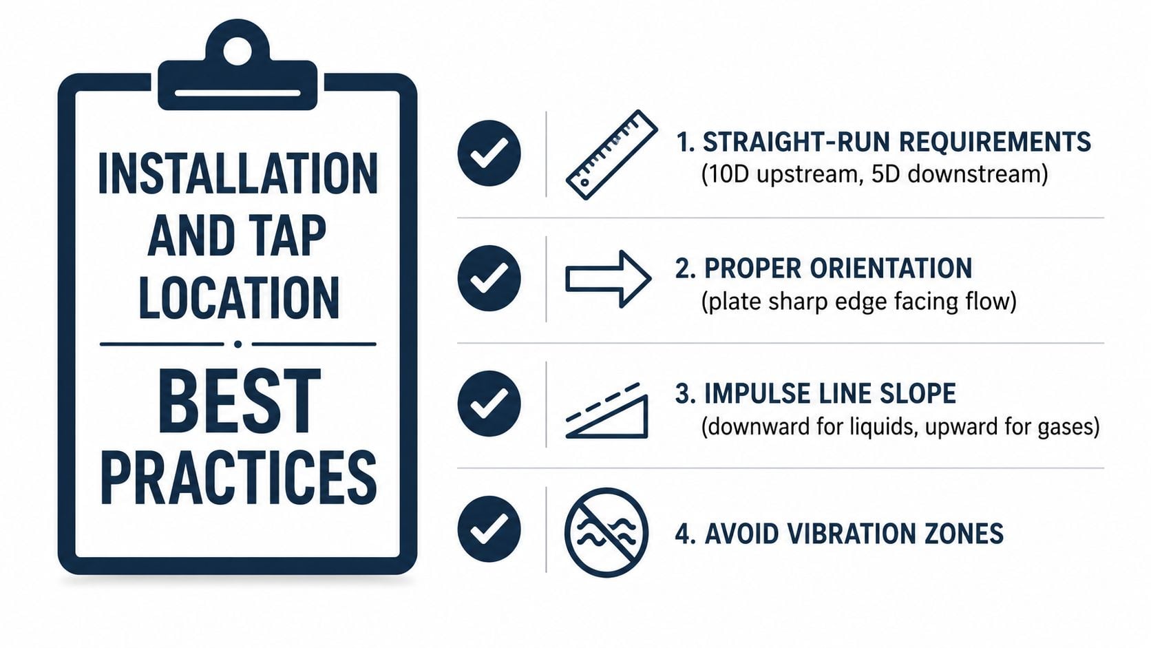 A checklist infographic illustrating the four best practices for installing an orifice flow sensor properly.